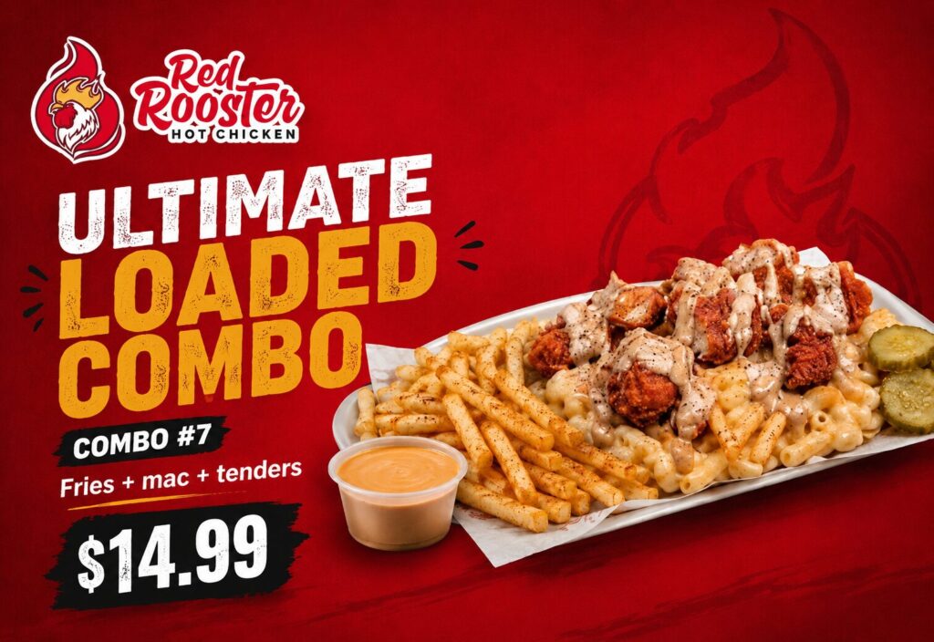 Ultimate loaded combo banner with fries, mac and cheese and sauced chicken